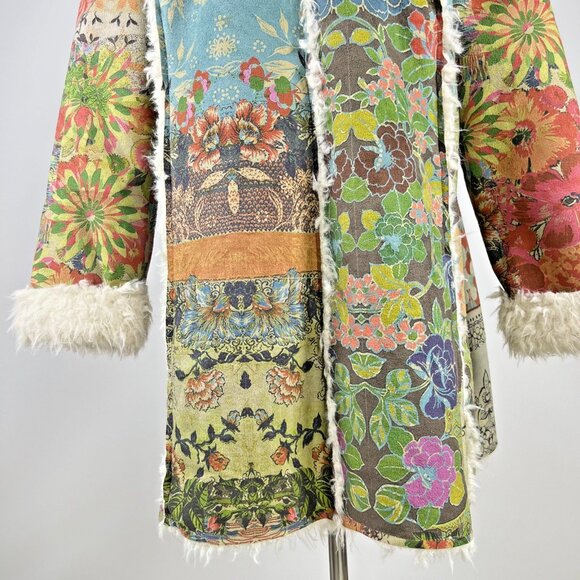 NWOT Johnny Was Sherpa Fur & Faux Suede Floral Coat Jacket Zipper Pockets Size L - Picture 7 of 13